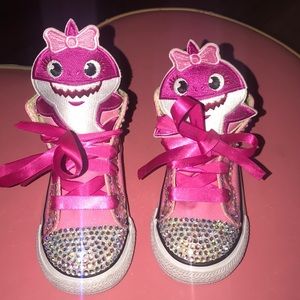 Pink converse with clear crystals,baby shark patch